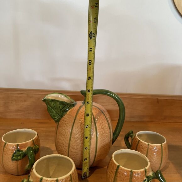 The Haldon Group Cantaloupe Pitcher & 4 Cups Made In Italy Hand Painted - Picture 4 of 8